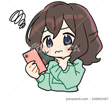 一個可愛的女人看著她的智慧型手機思考的插圖素材 一個可愛的女人看著她的智慧型手機思考的插圖素材 108902467