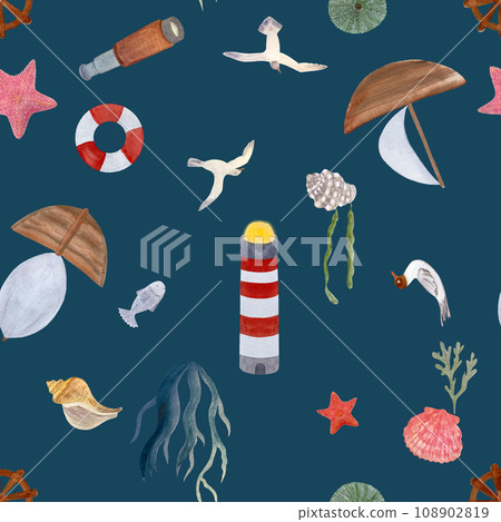 Watercolor underwater seamless pattern blue background 108902819