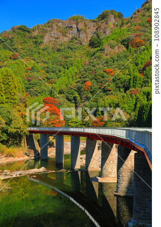 [大分縣] 晴天的矢馬溪紅葉（山國川鐵道二橋） 108902845