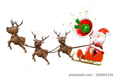 3d reindeer with Santa Claus, sleigh, gift box, megaphone or hand speaker, announce promotion news. merry christmas and happy new year, 3d render illustration 108903236
