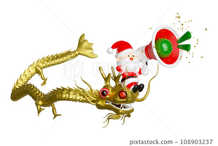 3d gold santa claus riding a dragon with megaphone or hand speaker, announce promotion news. merry christmas and happy new year, 3d render illustration 108903237