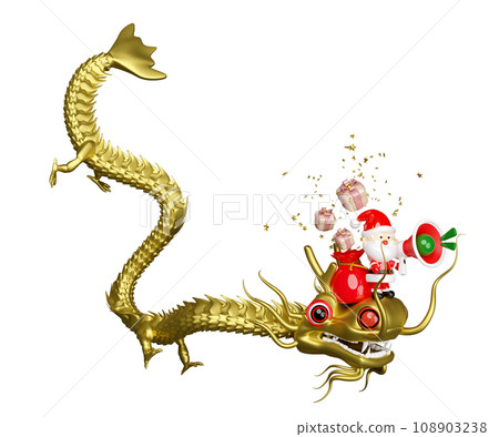 3d gold santa claus riding a dragon with gift bag, gift box, megaphone or hand speaker, announce promotion news. merry christmas and happy new year, 3d render illustration 108903238