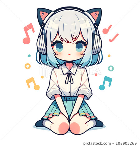 Girl listening to music with headphones, simple and cute illustration Girl listening to music with headphones, simple and cute illustration 108903269