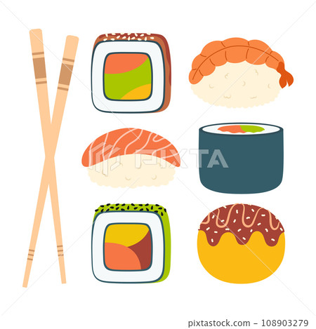 flat vector illustration with asian food, sushi set flat vector illustration with asian food, sushi set 108903279