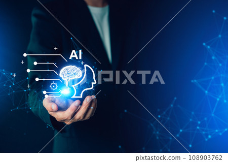 AI (Artificial intelligence), Chatbot growing concept. Businessman use smart robot AI analytics information trends technology. Chat with AI. Futuristic technology transformation. 108903762