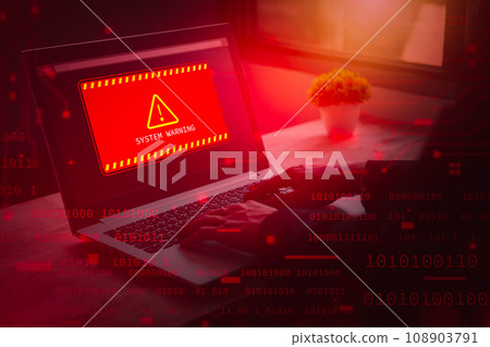 Alert system warning hacked on laptop. Cyber attack on computer network, Virus, Spyware, Malware or Malicious software. Cyber security and cybercrime. Compromised information internet Alert system warning hacked on laptop. Cyber attack on computer network, Virus, Spyware, Malware or Malicious software. Cyber security and cybercrime. Compromised information internet 108903791