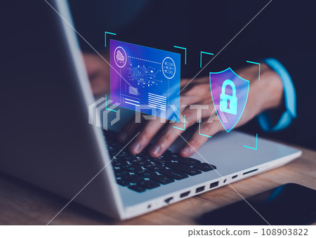 Cyber security and cybercrime. System hacked with Master key lock on laptop, notebook. Cyber attack on computer network, Virus, Spyware, Malware or Malicious software. Cyber security and cybercrime. System hacked with Master key lock on laptop, notebook. Cyber attack on computer network, Virus, Spyware, Malware or Malicious software. 108903822