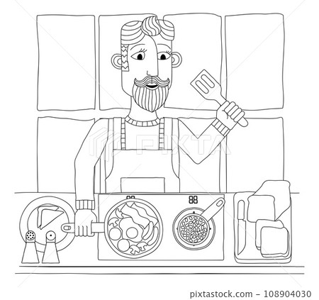 Man Cooking Food Fried English Breakfast Kitchen Man Cooking Food Fried English Breakfast Kitchen 108904030