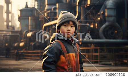 an Asian child's presence near a factory underscores the need to eradicate child labor. 108904118