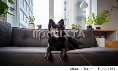 Portrait of a Schipperke dog in an apartment, home interior, love and care, maintenance. sofa Portrait of a Schipperke dog in an apartment, home interior, love and care, maintenance. sofa 108904165