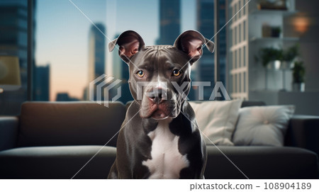 Portrait of a Pit bull dog in an apartment, home interior, love and care, maintenance. Portrait of a Pit bull dog in an apartment, home interior, love and care, maintenance. 108904189