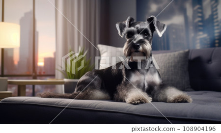 Portrait of a Miniature Schnauzer dog in an apartment, home interior, love and care, maintenance. Lies 108904196