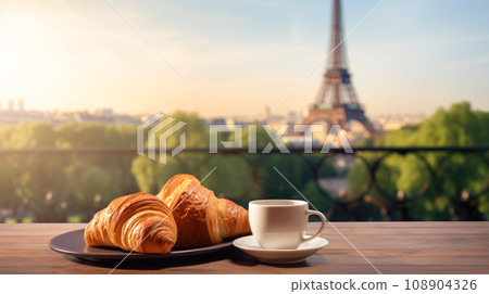 Savor the essence of Paris with a delightful breakfast featuring a croissant and coffee by the Eiffel Tower. Savor the essence of Paris with a delightful breakfast featuring a croissant and coffee by the Eiffel Tower. 108904326