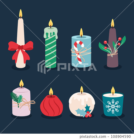 Christmas burning candles set in cartoon flat style. Christmas and New Year decorations. Vector illustration Christmas burning candles set in cartoon flat style. Christmas and New Year decorations. Vector illustration 108904590