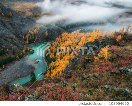 Wonderful alpine landscape with mountain river Argut in valley w Wonderful alpine landscape with mountain river Argut in valley w 108904660