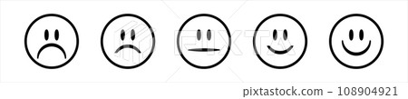 Line face feedback customer satisfaction scale. Emoji happy and sad faces rating. Line face feedback customer satisfaction scale. Emoji happy and sad faces rating. 108904921