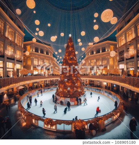Ice skating rink near the shopping center. decorated for Christmas. In the evening 108905180