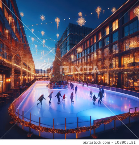 Ice skating rink near the shopping center. decorated for Christmas. In the evening 108905181