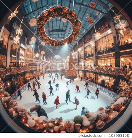 Ice skating rink near the shopping center. decorated for Christmas. In the evening 108905198