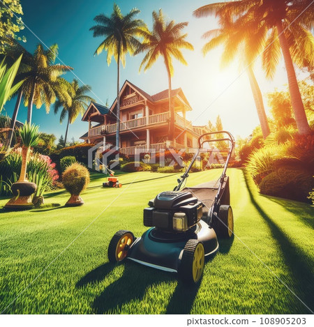 Summer and spring season sunny lawn mowing in the garden Summer and spring season sunny lawn mowing in the garden 108905203