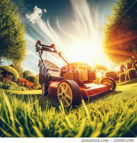 Summer and spring season sunny lawn mowing in the garden Summer and spring season sunny lawn mowing in the garden 108905206