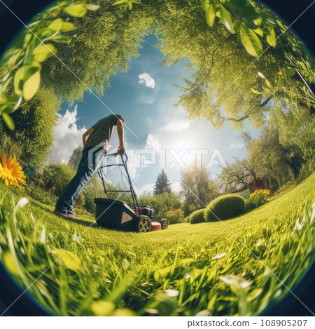 Summer and spring season sunny lawn mowing in the garden Summer and spring season sunny lawn mowing in the garden 108905207