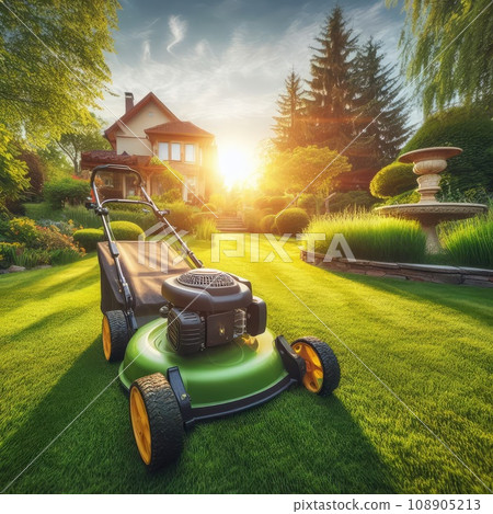 Summer and spring season sunny lawn mowing in the garden Summer and spring season sunny lawn mowing in the garden 108905213