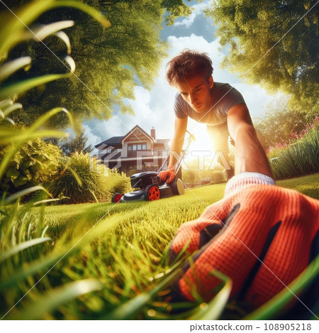 Summer and spring season sunny lawn mowing in the garden 108905218