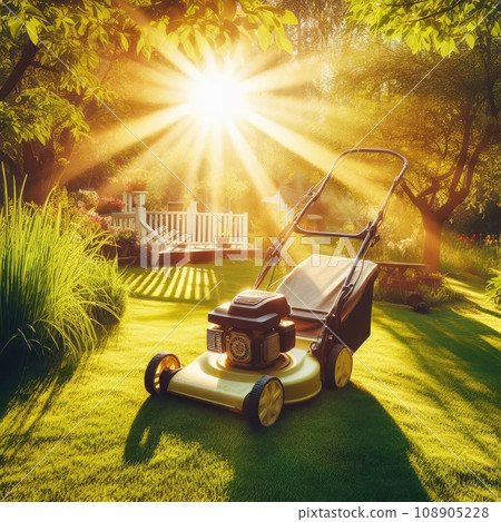 Summer and spring season sunny lawn mowing in the garden Summer and spring season sunny lawn mowing in the garden 108905228