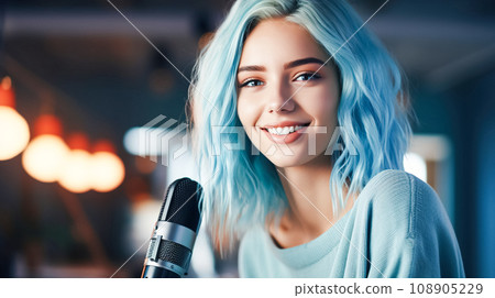 Girl podcaster streamer makes a review, audio and video in her home studio. A bright-looking blogger recording podcast 108905229