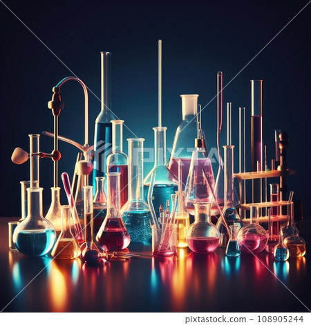 Chemical experiment concept. Laboratory equipment. Blue background 108905244