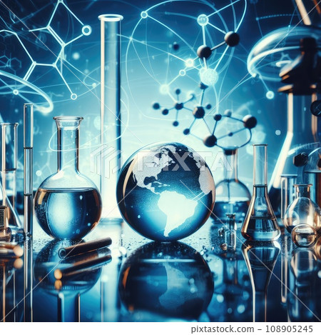 Chemical experiment concept. Laboratory equipment. Blue background 108905245