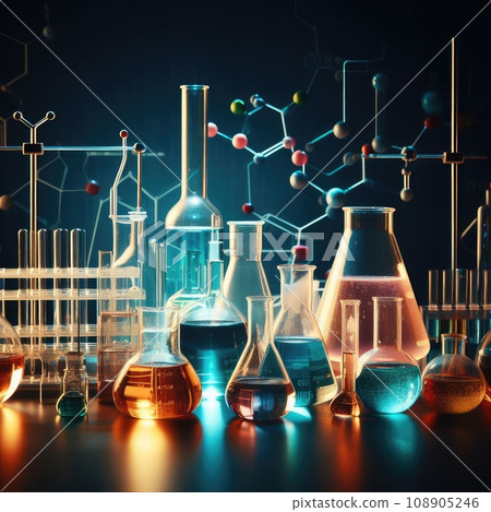 Chemical experiment concept. Laboratory equipment. Blue background Chemical experiment concept. Laboratory equipment. Blue background 108905246