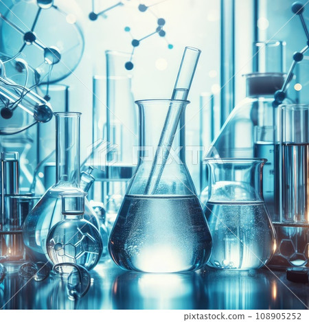 Chemical experiment concept. Laboratory equipment. Blue background 108905252