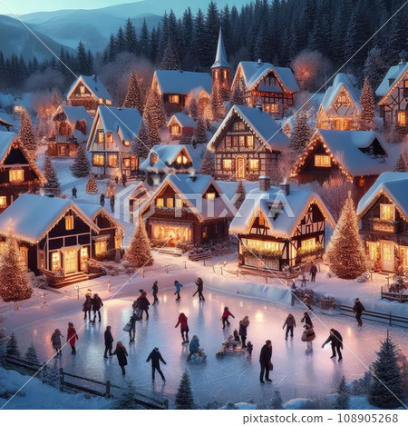 A quaint, snow-covered village at dusk. The scene features twinkling lights from cozy cottages, a frozen pond with people ice-skating, and snow-capped trees A quaint, snow-covered village at dusk. The scene features twinkling lights from cozy cottages, a frozen pond with people ice-skating, and snow-capped trees 108905268