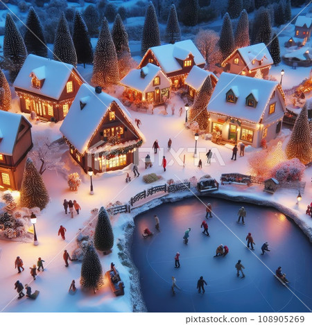A quaint, snow-covered village at dusk. The scene features twinkling lights from cozy cottages, a frozen pond with people ice-skating, and snow-capped trees A quaint, snow-covered village at dusk. The scene features twinkling lights from cozy cottages, a frozen pond with people ice-skating, and snow-capped trees 108905269