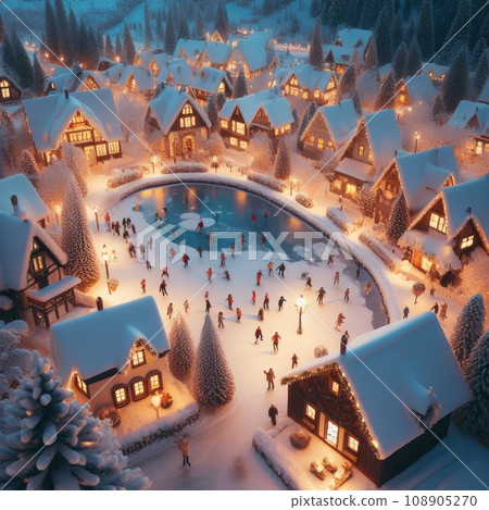 A quaint, snow-covered village at dusk. The scene features twinkling lights from cozy cottages, a frozen pond with people ice-skating, and snow-capped trees A quaint, snow-covered village at dusk. The scene features twinkling lights from cozy cottages, a frozen pond with people ice-skating, and snow-capped trees 108905270