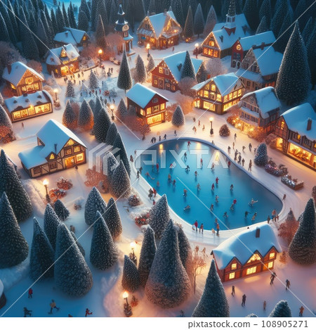 A quaint, snow-covered village at dusk. The scene features twinkling lights from cozy cottages, a frozen pond with people ice-skating, and snow-capped trees 108905271