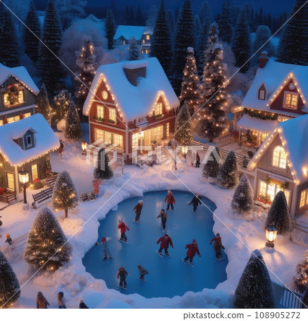 A quaint, snow-covered village at dusk. The scene features twinkling lights from cozy cottages, a frozen pond with people ice-skating, and snow-capped trees 108905272