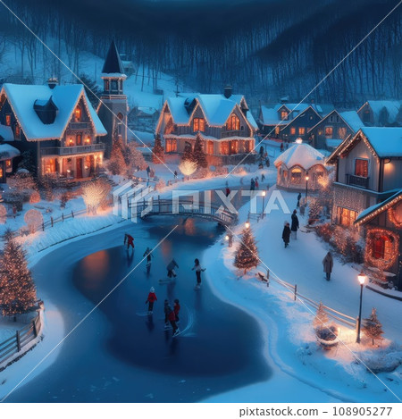 A quaint, snow-covered village at dusk. The scene features twinkling lights from cozy cottages, a frozen pond with people ice-skating, and snow-capped trees A quaint, snow-covered village at dusk. The scene features twinkling lights from cozy cottages, a frozen pond with people ice-skating, and snow-capped trees 108905277