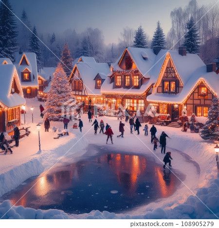 A quaint, snow-covered village at dusk. The scene features twinkling lights from cozy cottages, a frozen pond with people ice-skating, and snow-capped trees A quaint, snow-covered village at dusk. The scene features twinkling lights from cozy cottages, a frozen pond with people ice-skating, and snow-capped trees 108905279