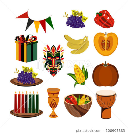 seven Kwanzaa candles kinara harvest bowl gifts on an isolated white background, hand-drawn 108905883