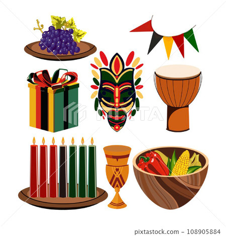 seven Kwanzaa candles kinara harvest bowl gifts on an isolated white background, hand-drawn.  108905884