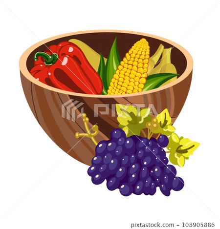 harvest in a wooden bowl pepper banana grapes corn cob on kwanzaa illustration on a white background hand drawn harvest in a wooden bowl pepper banana grapes corn cob on kwanzaa illustration on a white background hand drawn 108905886