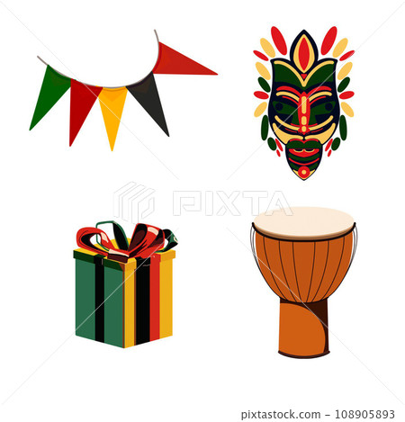 wooden mask, african drum gift and flags on kwanzaa illustration on a white background hand-drawn wooden mask, african drum gift and flags on kwanzaa illustration on a white background hand-drawn 108905893