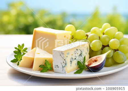 Assorted cheeses on a plate with grapes and figs. A spring food concept on light sunny background. Generative AI Assorted cheeses on a plate with grapes and figs. A spring food concept on light sunny background. Generative AI 108905915