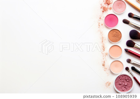 Makeup brushes and decorative cosmetics on a white background, top view. Generative AI 108905939