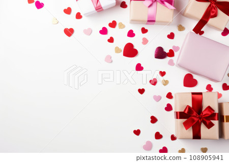 Gifts and hearts on white background, top view. Valentines day concept . Generative AI 108905941