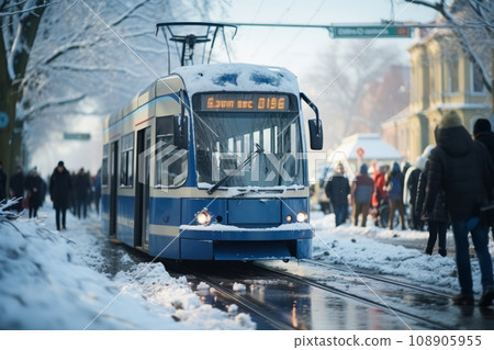 Winter landscape on the street with houses and roads covered with a lot of snow. Cold snowy weather. Generative AI 108905955