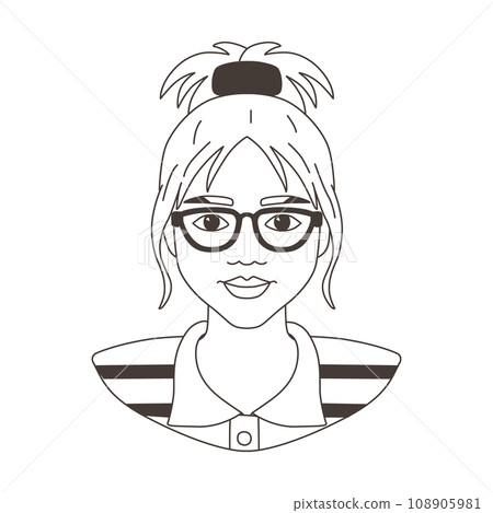 Portrait of woman with glasses in doodle hand drawn style. Avatar of girl, face, head, sketch, lines, outline for design. Simple icon isolated vector illustration. Portrait of woman with glasses in doodle hand drawn style. Avatar of girl, face, head, sketch, lines, outline for design. Simple icon isolated vector illustration. 108905981